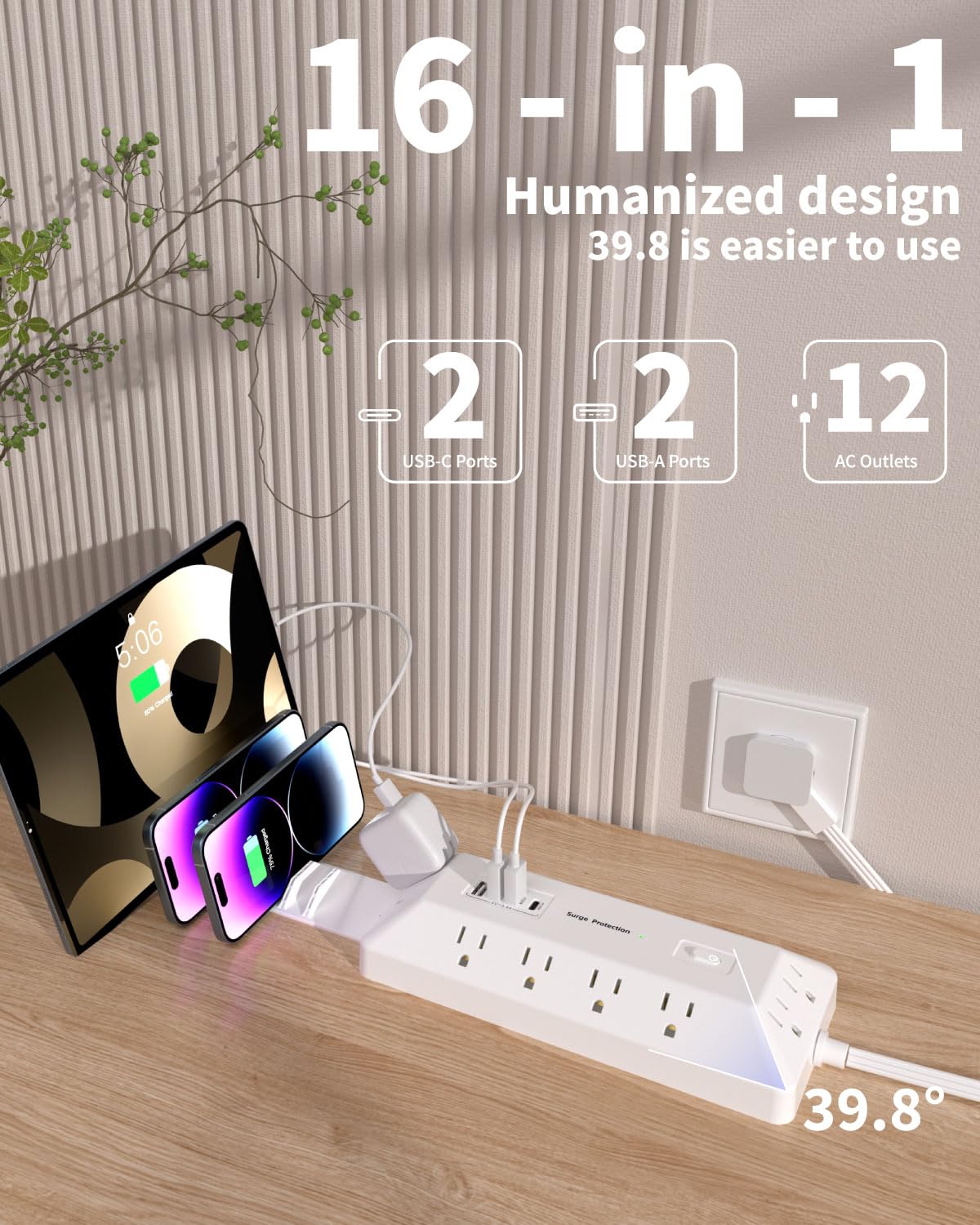 VIPWELL 16 in 1 Surge Protector Power Strip with 4 USB (2 USB C) and 12 AC Outlets Extender, 6 Ft Flat Plug Extension Cord, Cable Management Outlets for Home Office and Dorm Rooms (White)