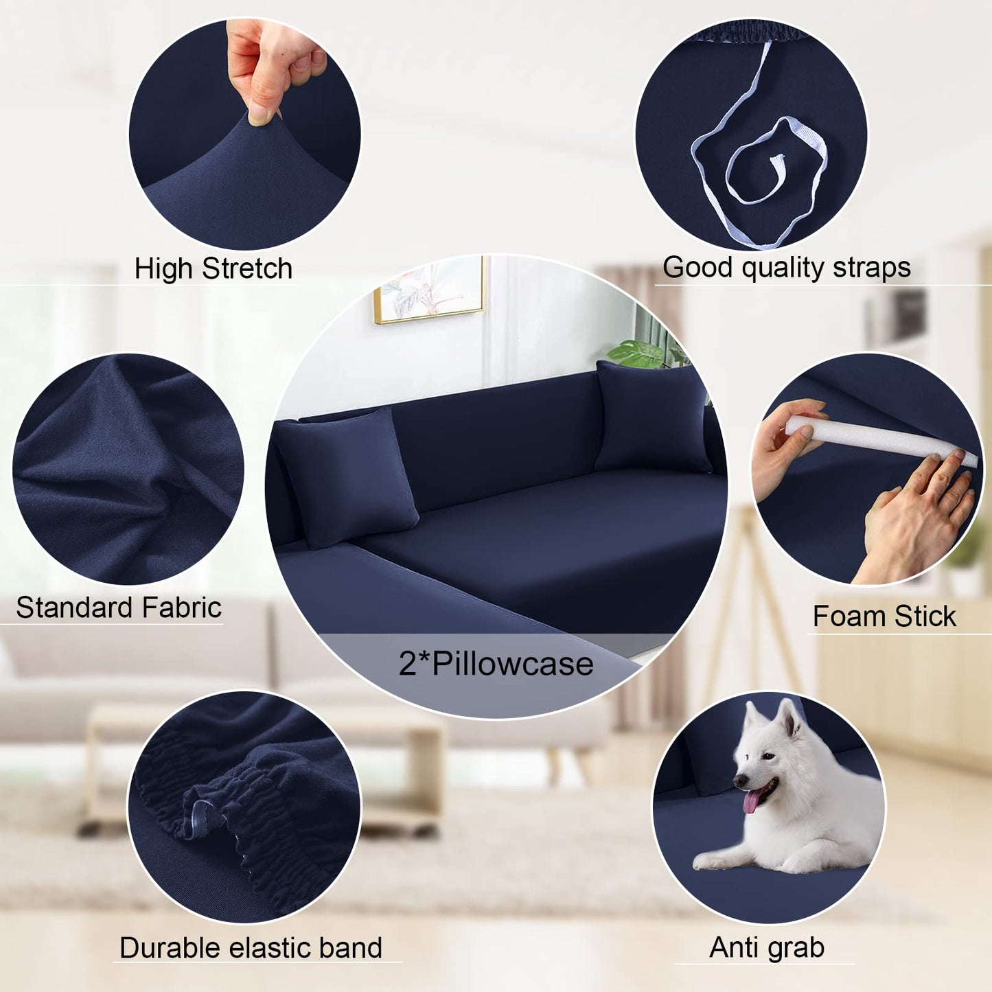 NAISI Couch Cover L Shape 2 Pieces Sofa Cover Soft Stretch Slipcovers with 2pcs Pillowcases Furniture Protector Sectional Couch Covers 3 Seater + 3 Seater(Navy)