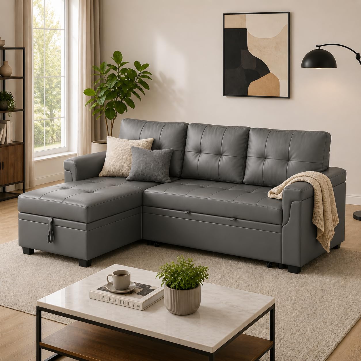Naomi Home L Shaped Sectional Couch with Storage & Pull Out Bed – 3-in-1 Convertible Sleeper Sofa Bed, Small L Shape Sofa for Living Room, Sofa Bed with Storage Chaise in Gray, Air Leather