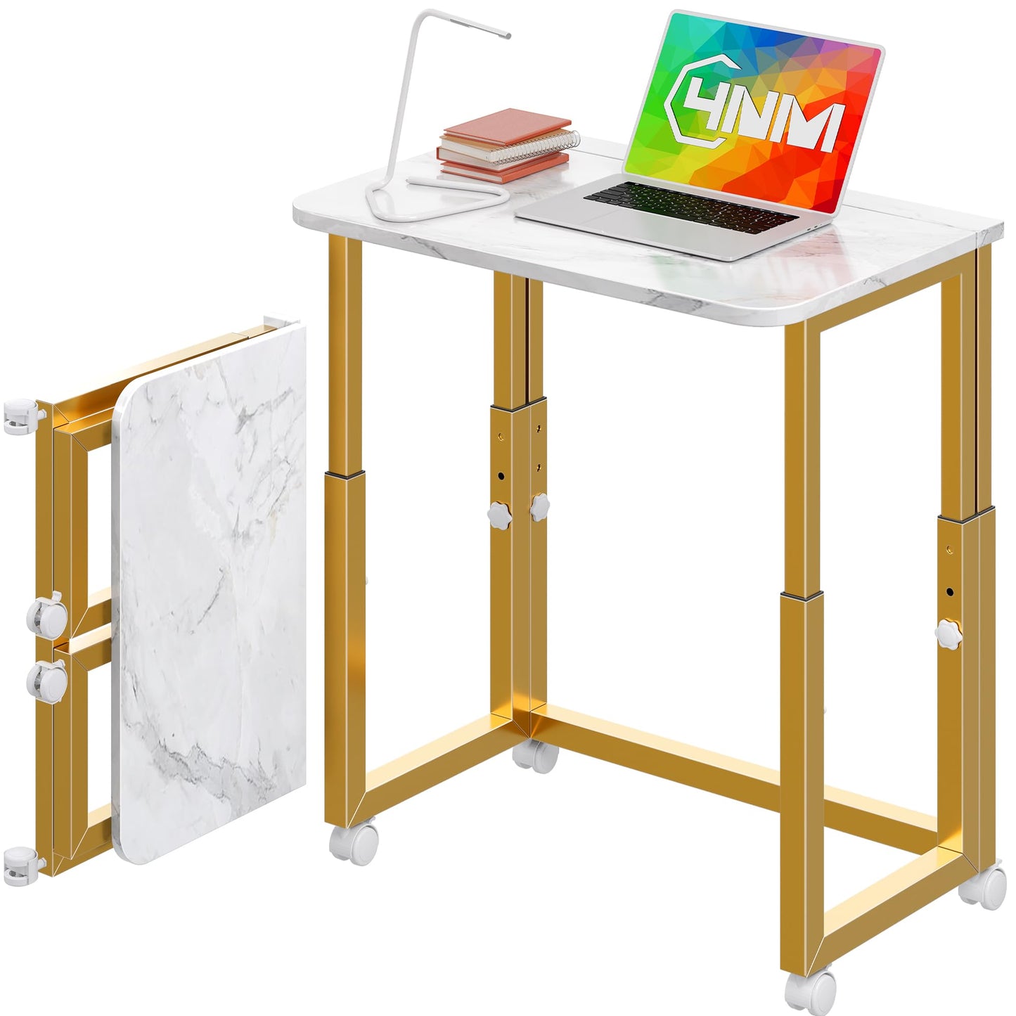 4NM No Tool Assembly 23.6" Small Desk, Folding Portable Desk with Wheels, Adjustable Height Foldable Computer Home Office Desks, Collapsible Study Writing Table for Space Saving Bedroom - White Gold