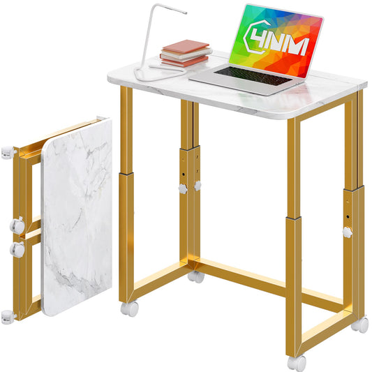 4NM No Tool Assembly 23.6" Small Desk, Folding Portable Desk with Wheels, Adjustable Height Foldable Computer Home Office Desks, Collapsible Study Writing Table for Space Saving Bedroom - White Gold
