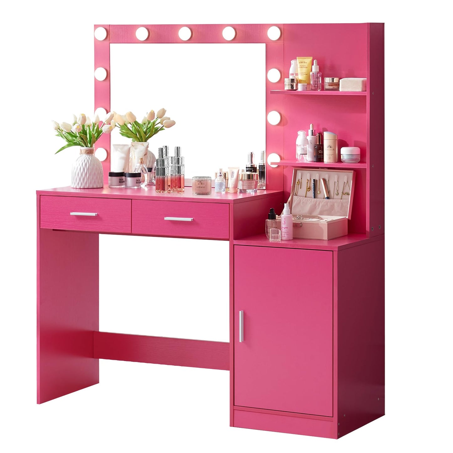 MIRROTOWEL 46.7" Vanity Desk with Mirror & LED Lights, Dressing Table with 2 Large Drawers & Vertical Organizer, 3-Tier Storage, 3 Adjustable Lighting Modes, Makeup Desk for Bedroom