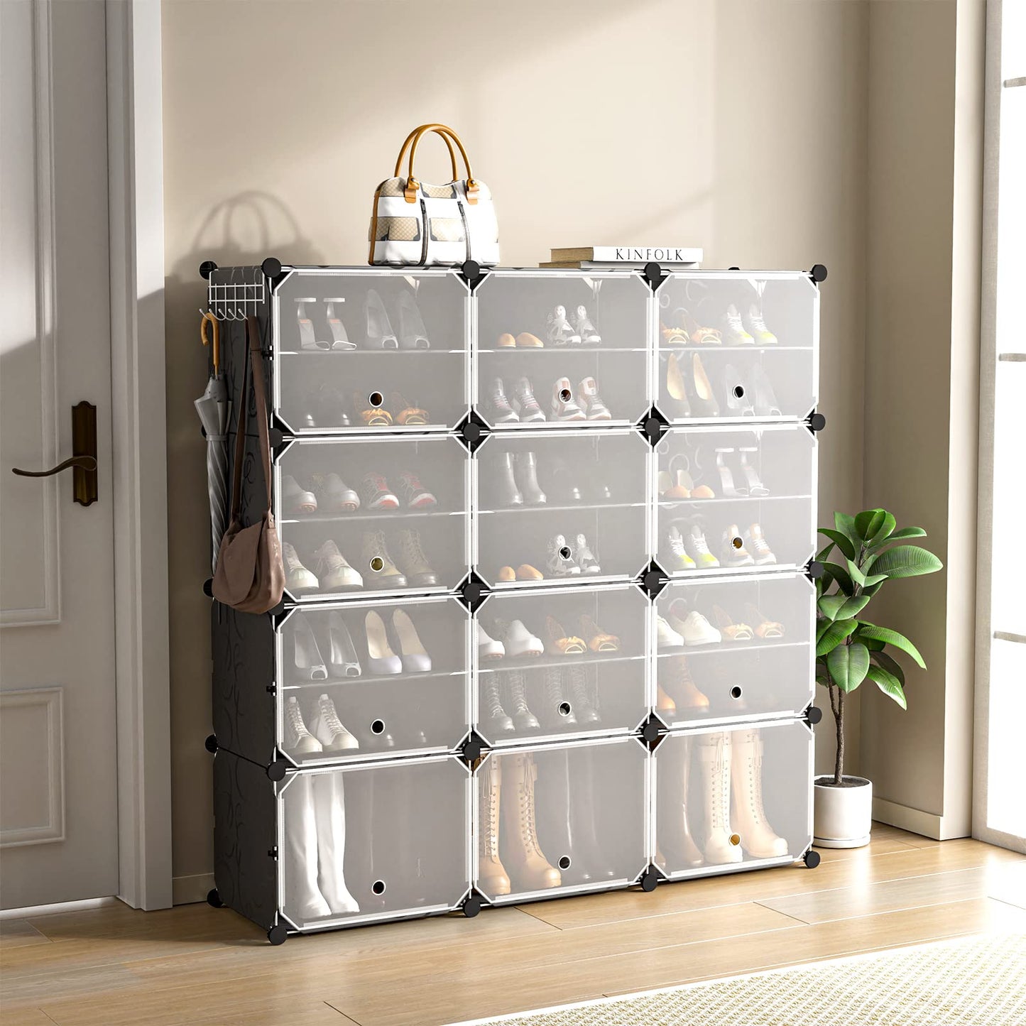 Freestanding Multi-Layer Space Saving Storage Large-Capacity Dustproof Shoe Storage Cabinet，Modular Shoe Cabinet with 12 Cubes Portable Shoe for 48 Pairs with Door DIY Space Saving Wardrobe