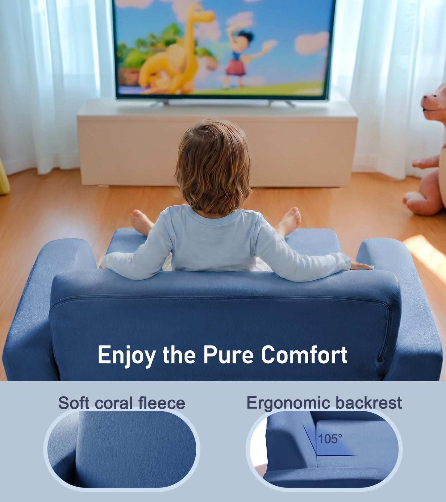 little dove 3-in-1 Extra Wide Convertible Kids Couch, Flip Open Kid Sofa, Machine-Washable Kid Couch for Girls, Kids Sofa for Fun Playtime, Dark Blue