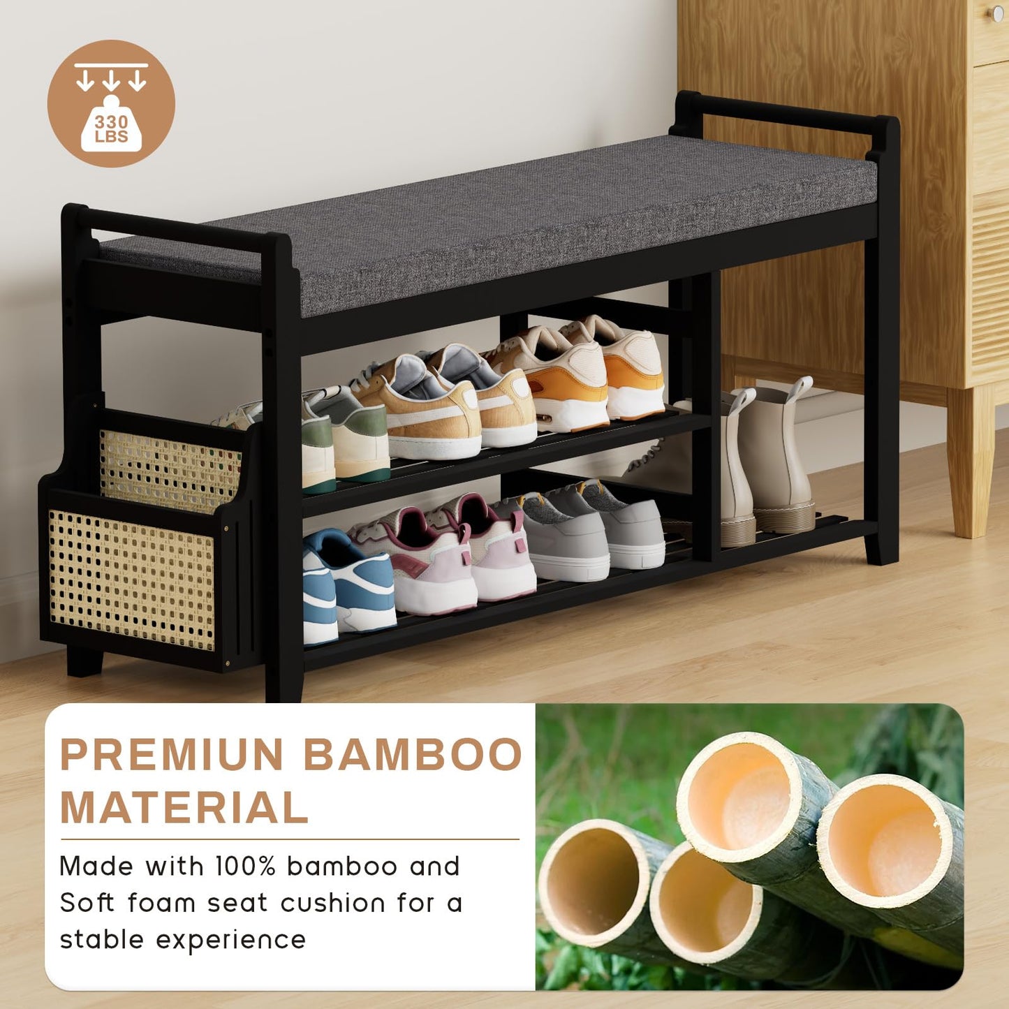 Homaxy 2-Tier Shoe Rack Bench with Side Holder, 39.4 in Bamboo Entryway Bench, Shoe Rack Organizer with Cushion for Front Entrance, Hallway Living Room Bedroom, Black and Dark Grey