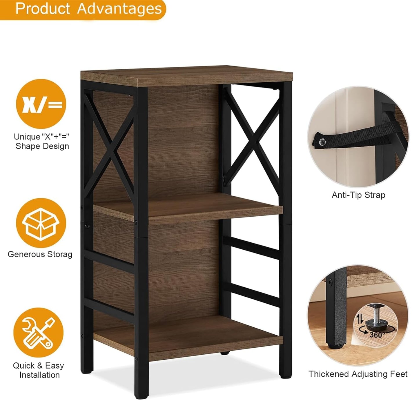MNEETRUNG Small Bookshelf, 3 Tier Industrial Shelf with Metal Frame and Backboard, Low Rustic Brown Book Shelf, Small Bookcase for Small Spaces,Bookshelf for Living Room, Bedroom & Home Office
