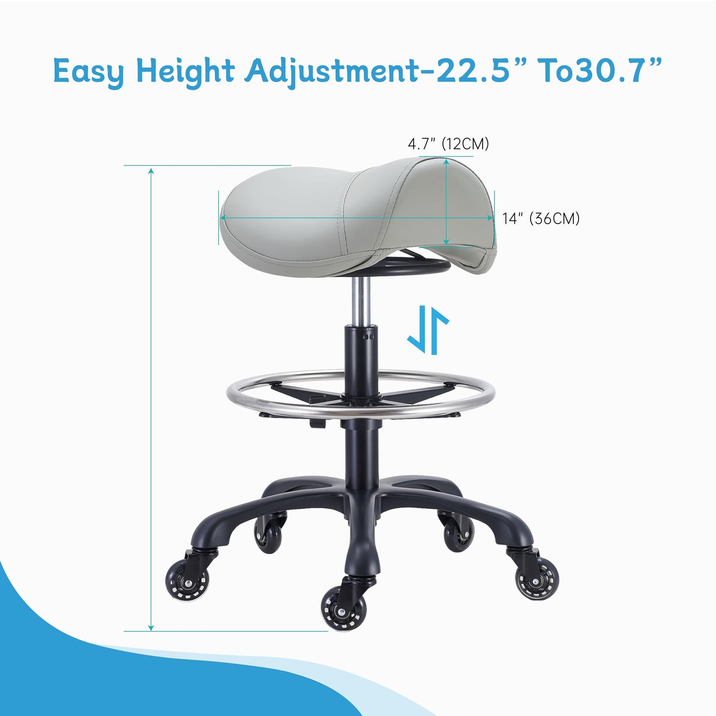 Coczeb Saddle Salon Stool with Footrest,Heavy Duty, Adjustable Height((22.5" -30.7 "), Rolling Esthetician Chair for Tattoo Spa Medical Dentist Clinic(Gray)