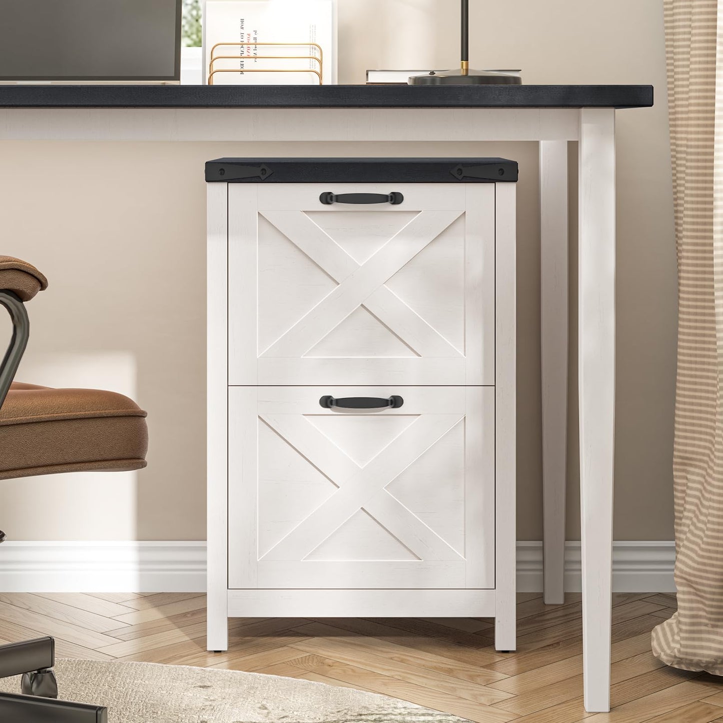 Halitaa 2 Drawer Small File Cabinet, Farmhouse Vertical Filing Cabinet Fits Letter and A4 Size, Under Desk Wooden File Cabinets for Home Office, Printer Stand, White and Black