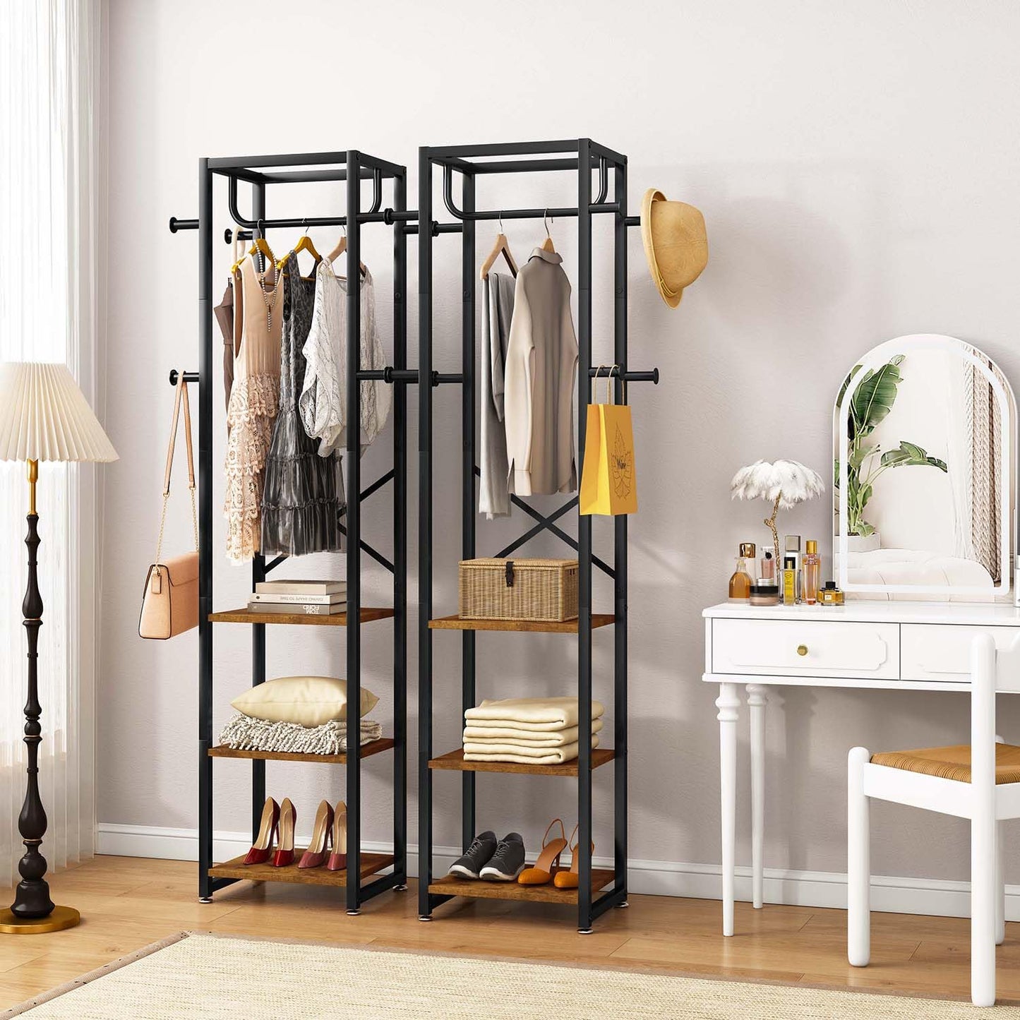 IBUYKE Coat Rack with Shelves, Freestanding Hall Tree with 3 Shelves and 8 Hooks, Industrial Clothes Stand for Entryway, Hallway, Bedroom, Rustic Brown UTMJ088H