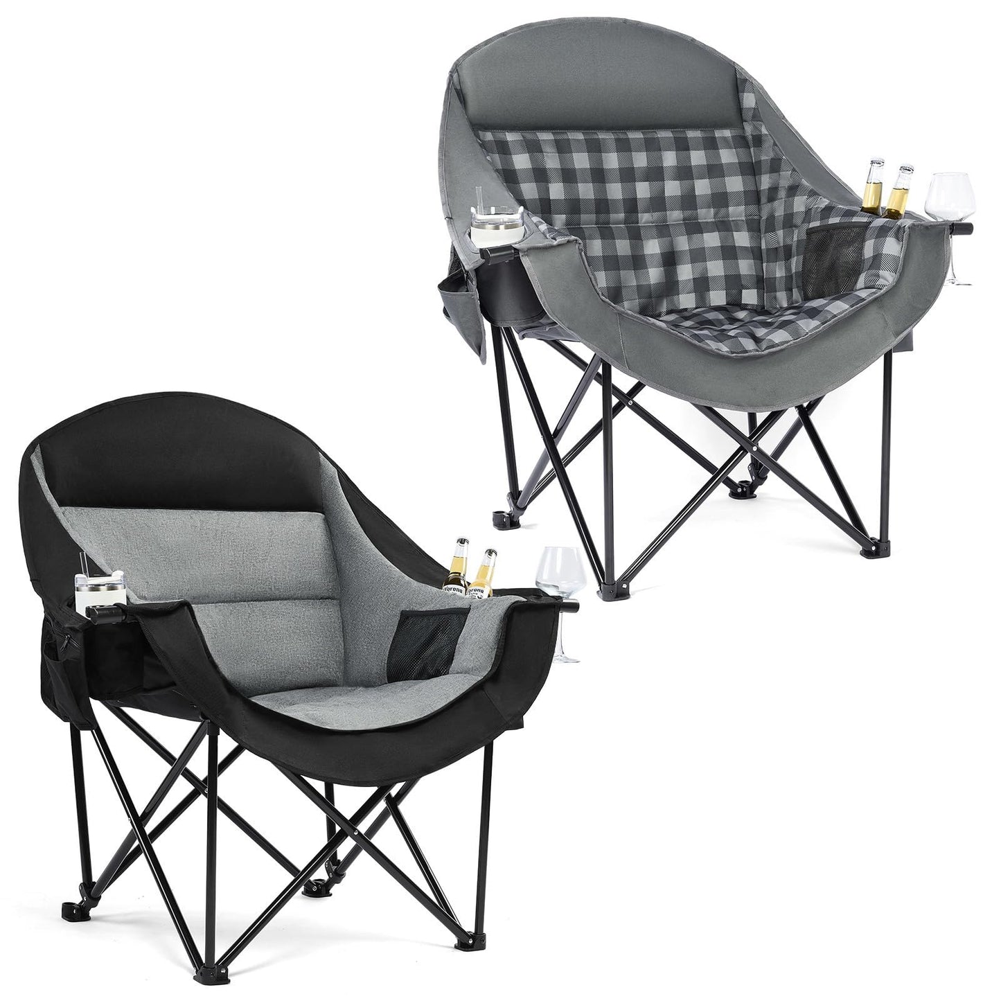 Oversized Camping Chair for Adults - Heavy Duty Outdoor Padded Large Lawn Camp Chair with Cup Holder Cooler Pockets for Sports Beach Fishing Garden Portable Supports 500lbs, Black/Grey 2 Pack