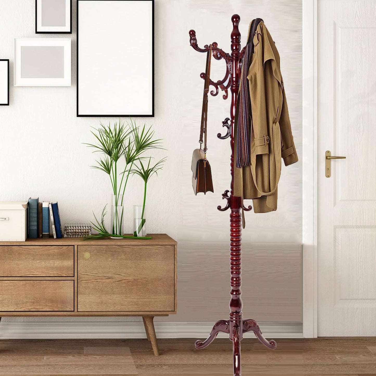 Sauqzoh Coat Racks Free Standing with 14 Hooks, Natural Wood Coat Stands for Entryway, Adjustable Height 73 in Tree Coat Rack Stand for Hallway Home Office Bedroom (Mahogany triangle)