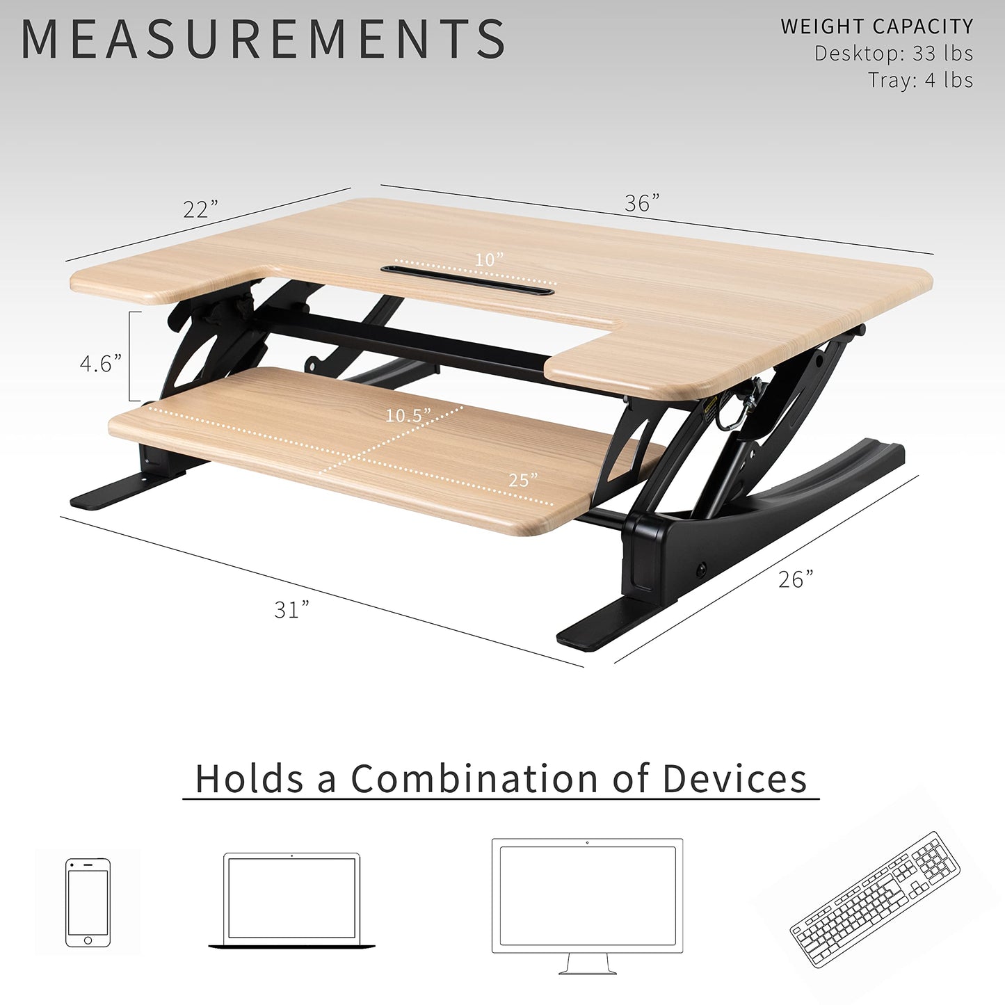VIVO 36 inch Height Adjustable Stand Up Desk Converter, V Series, Quick Sit to Stand Tabletop Dual Monitor Riser Workstation, Light Wood Top, Black Frame, DESK-V000VO