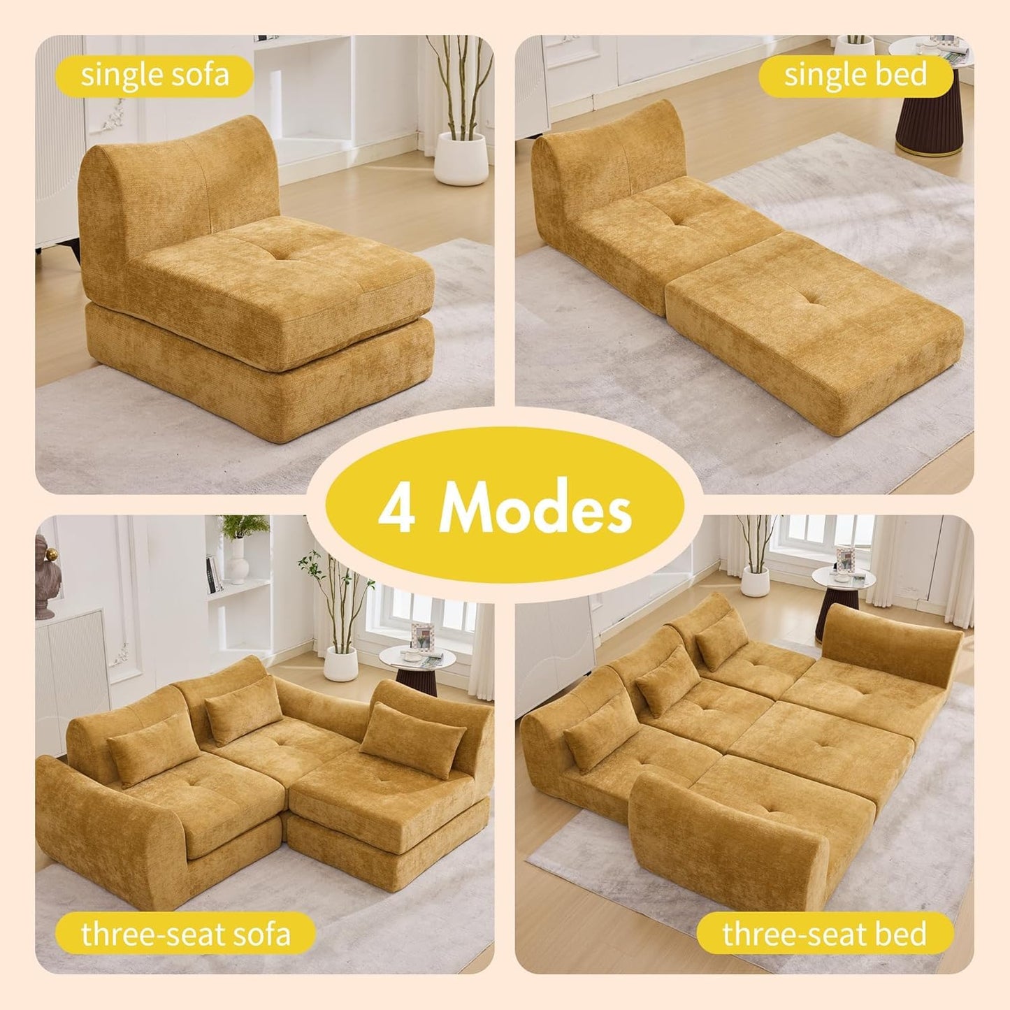 102" Modular Sectional Boneless Couch for Living Room, Convertible Cloud Sofa Bed Couches with Upholstered Deep Seat, No Assembly Needed, Ideal for Small Space Apartment Playroom Bedroom Yellow
