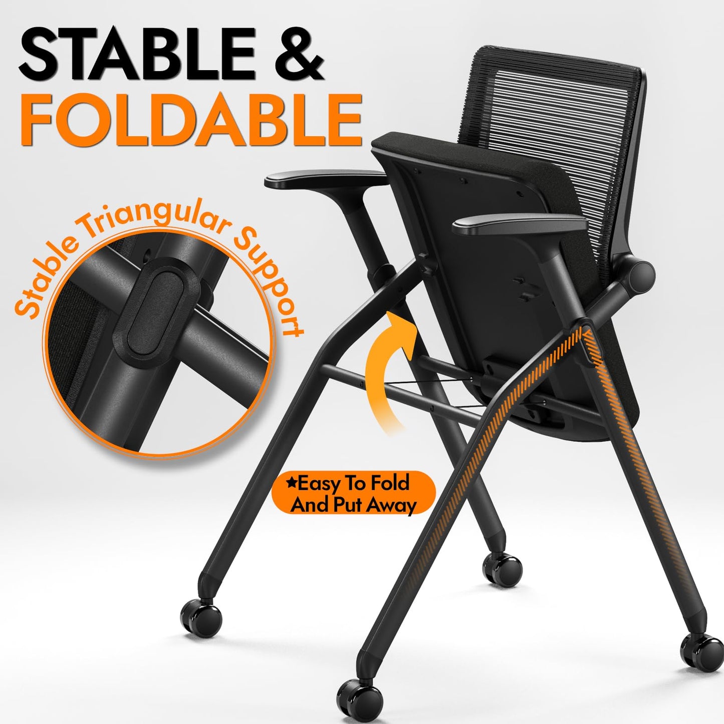 FYLICA Foldable Office Chair with PU Wheels and Smooth Armrest-Ergonomic Mesh Bouncing Back, Stackable Conference Room Chair, Office Guest & Reception & Meeting Chair (Black)