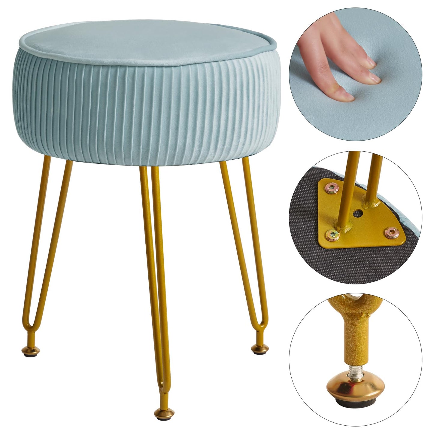 IBUYKE Velvet Round Footrest Stool Ottoman, Makeup Vanity Stool Side Table, Velvet Dressing Table Seat, Pouf Couch Stool, Golden Steel Legs, Blue LG-30H