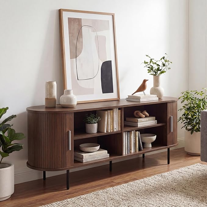 Tangkula Fluted TV Stand for TVs up to 60”, Mid Century Curved Entertainment