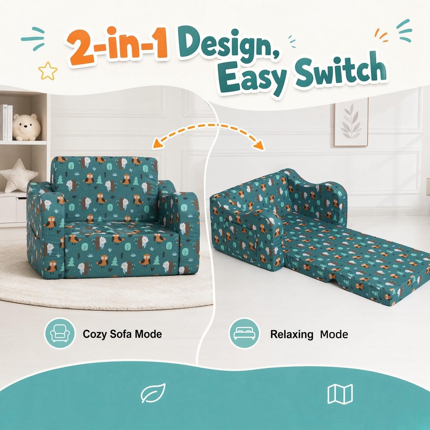 MOMCAYWEX Kids Sofa, 2-in-1 Flip-Out Foam Couch, Foldable Soft Play Lounge Chair, Teal