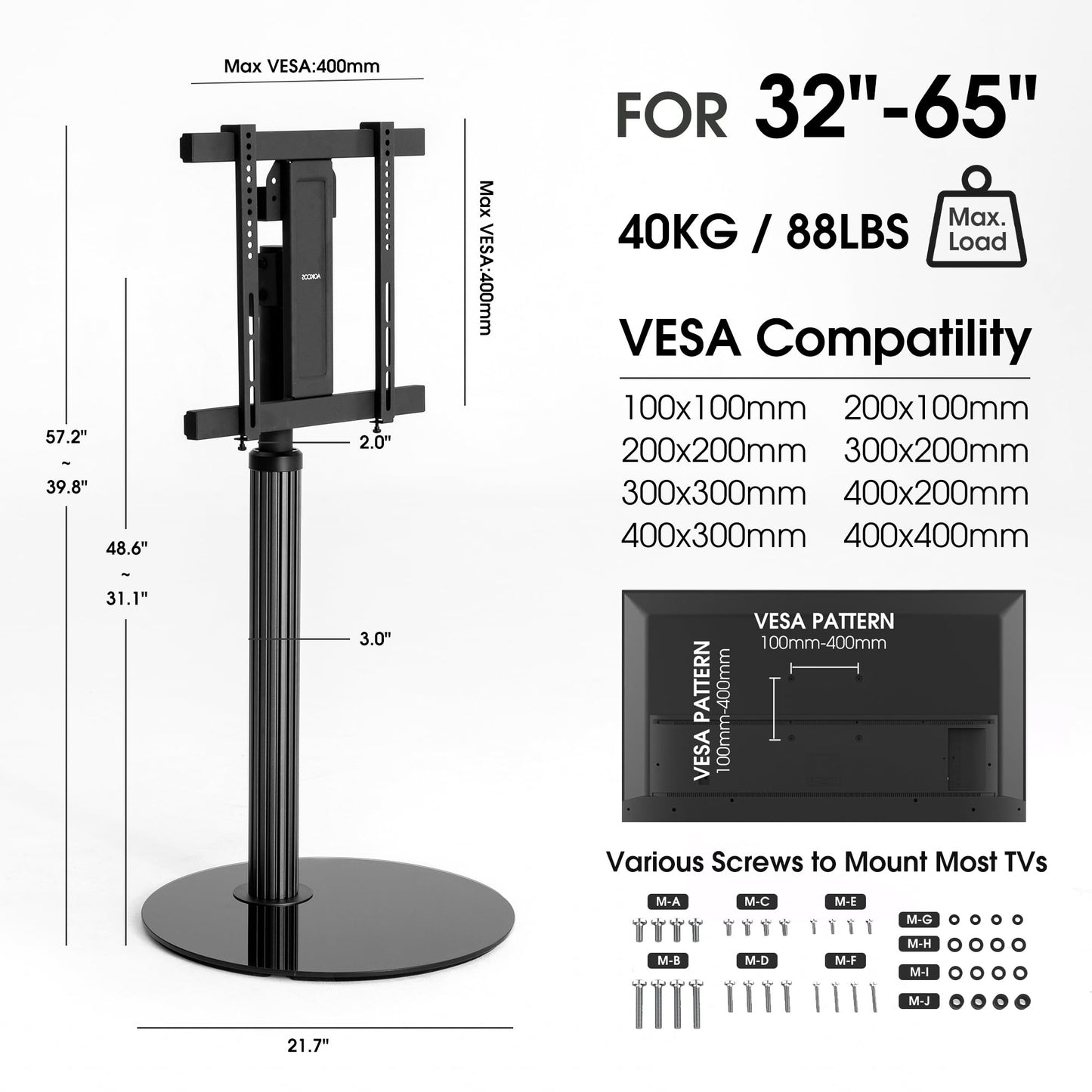 AOKCOS Aluminum Grille Floor TV Stand for 32-65 inch TVs up to 88lbs, Swivel and Tilt TV Mount with Glass Base, Height Adjustable TV Stand for Living Room Bedroom