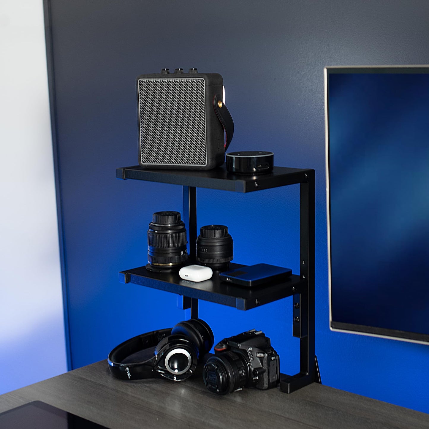 VIVO Clamp-on 13 inch Above or Below Desk 2-Tier Shelving Unit for Table Accessories, Gaming Devices, and More, Storage Tray, Desktop Organizer, Black, STAND-SHELF2C