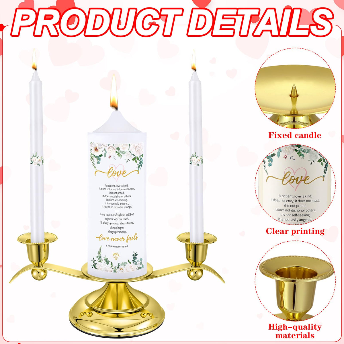 Landhoow 3 Unity Floral Candles for Wedding Ceremony Set with Golden Holder White Pillar and Taper Candles Religious Wedding Catholic Anniversary Big Events Gifts for Couple
