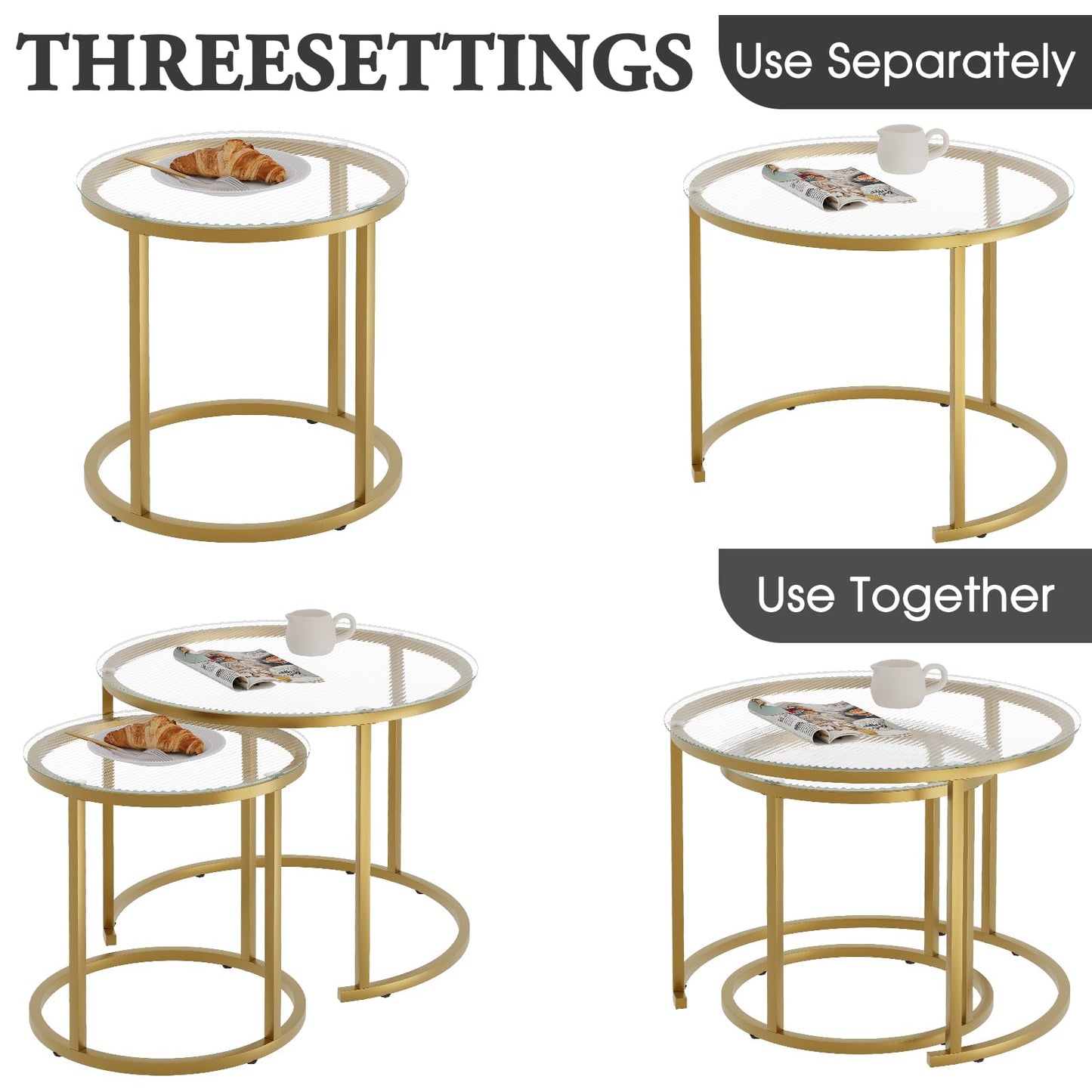 aboxoo Nesting Coffee Table Set of 2, Small Round Glass Nesting Tables for Living Room Bedroom, Accent Tea Table with Gold Metal Frame Modern Industrial Simple