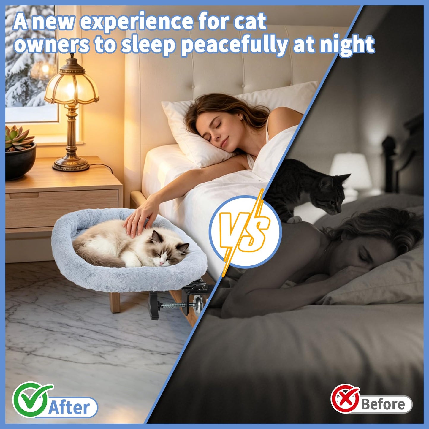 Midollarle Bedside Cat Bed, 23"x14" Spacious Pet Beds Attached to Human Bed, Soft Plush Foldable Cat Beds with Steel Clamp, Removable & Washable Pet Bed Supports Up to 40lbs