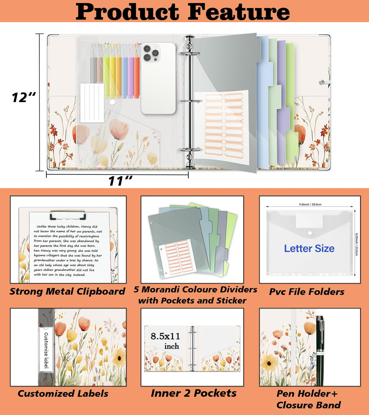 3 Ring Binder 2 Inch for 8.5"x11" Paper, Three Ring Binders with Clipboard, 5 Dividers with Tabs and Pockets, Decorative Binder with Pen Holder,Weed