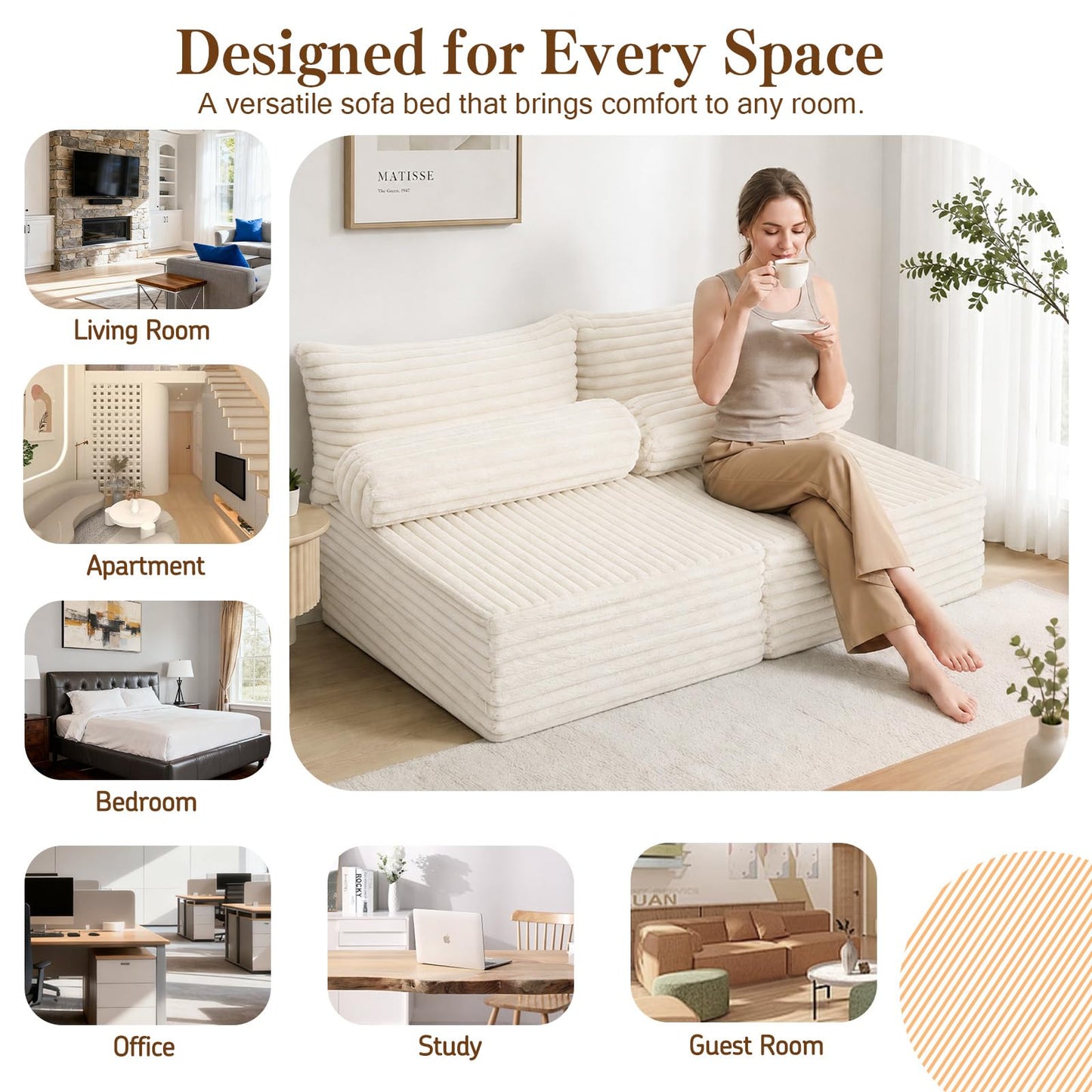 MeMoreCool Convertible Sofa Bed, Folding Floor Couch Bed Queen, Pull Out Sleeper Couch with Pillows, Fold Out Futon Sofa for Bedroom Living Room Small Space, Soft Corduroy