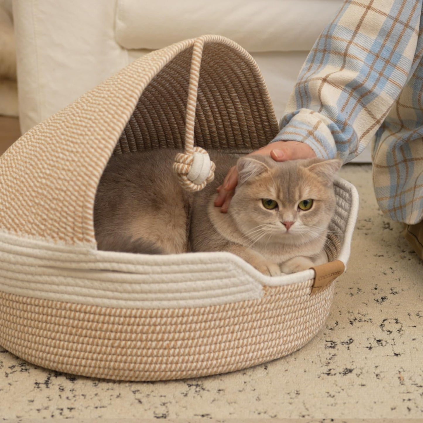CHEERPALS Cat Basket Bed with Washable Cushion and Ball Rope Cotton, Covered Pet Bed for Indoor Cats Cave Bed Hooded, Stimulicat Cat Bed Handwoven Breathable, All Season Universal(White)