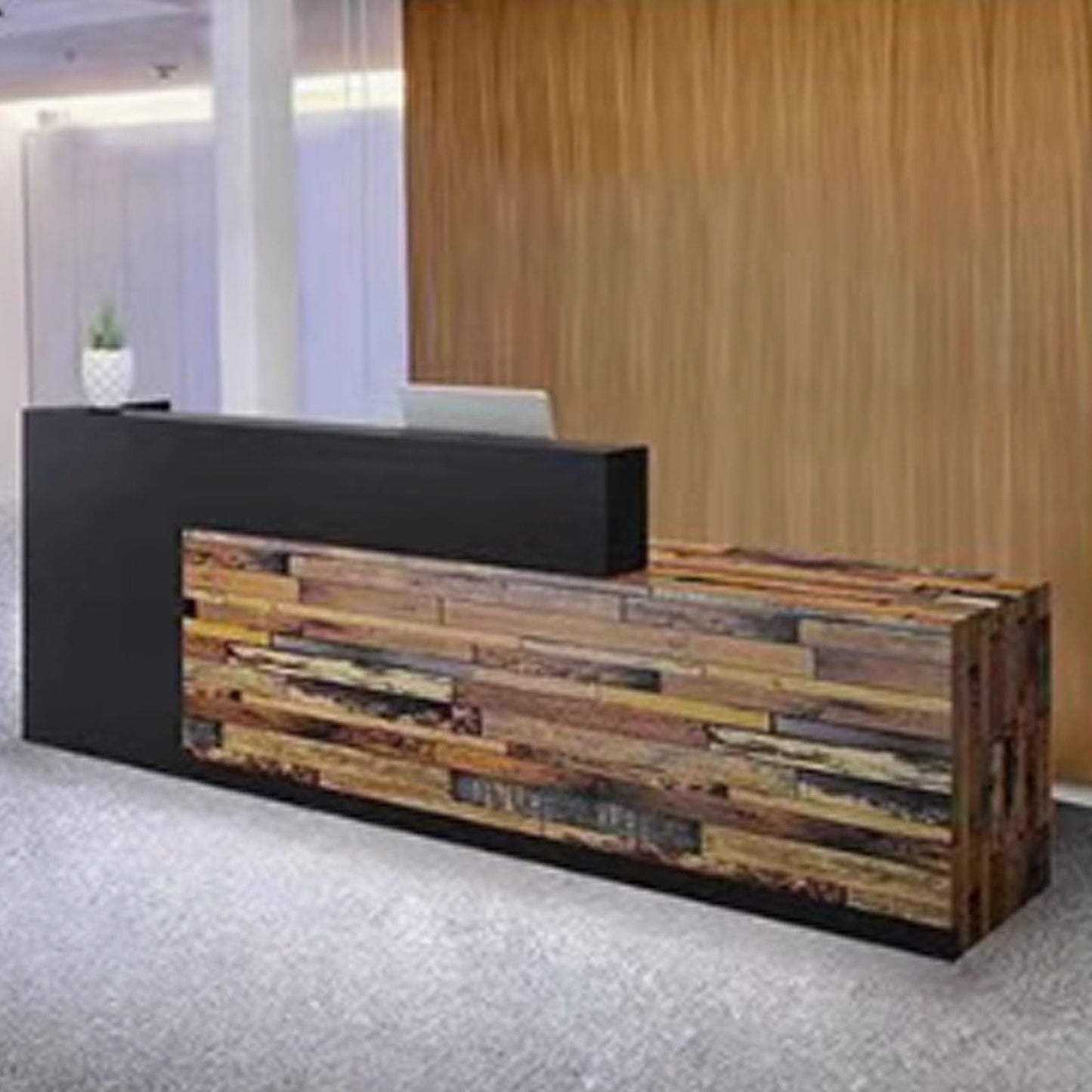 Modern Black Engineered Wood Reception Desk, 1.4m Stylish Front Counter for Salons, Retail & Offices, Contemporary Receptionist Table with Dark Natural Blocks