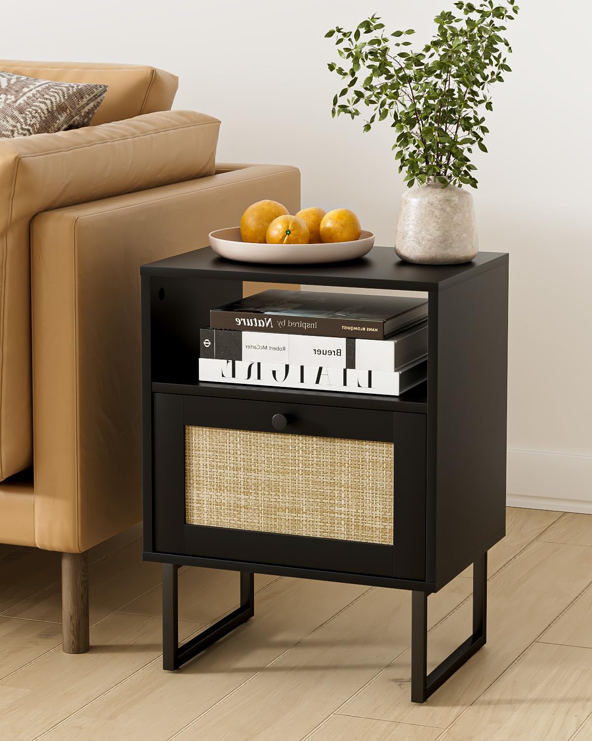 Apetaccat Rattan Nightstand, Boho Night Stand Farmhouse Wood Bedside Table with Storage and Open Shelf, End Side Accent Table for Bedroom,Living Room,Black