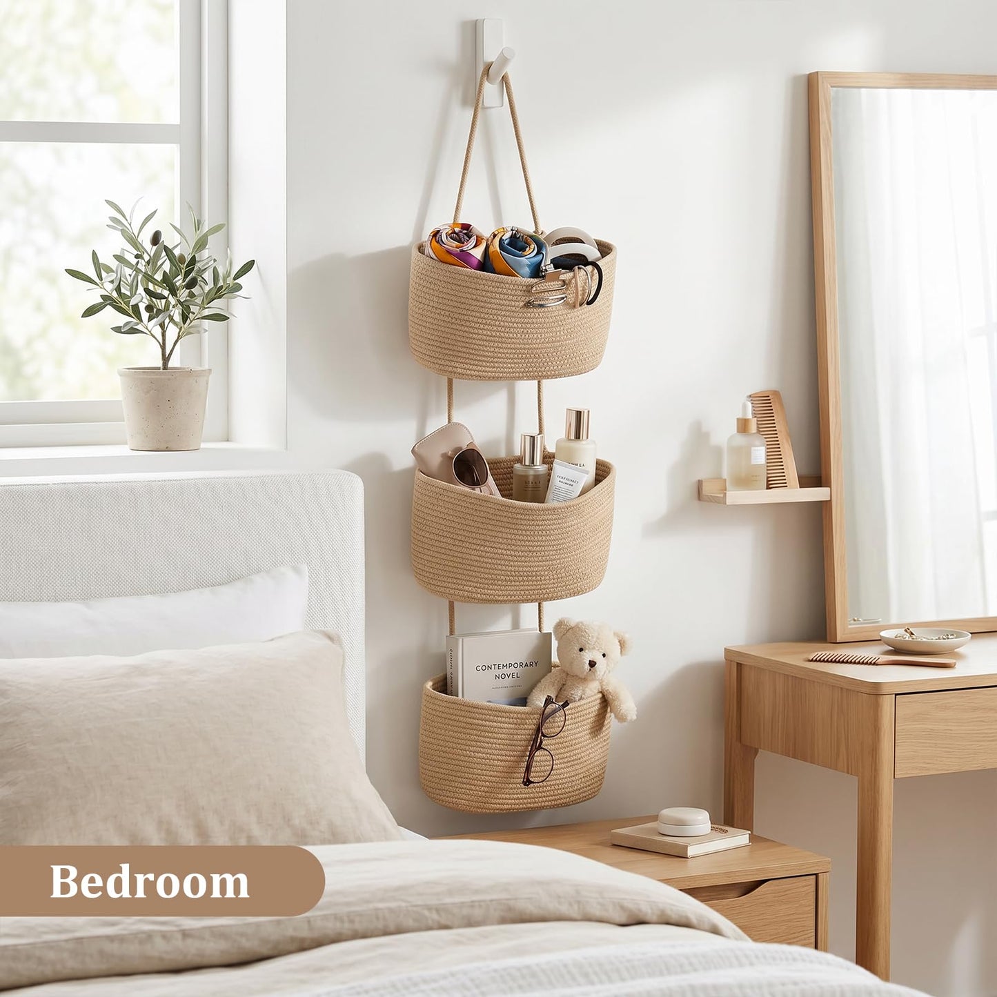 TeoKJ Over the Door Hanging Basket, 3-Tier Woven Cotton Wall-Mounted Storage Organizer Bag Decorative Hanging Nursery Baskets, Jute