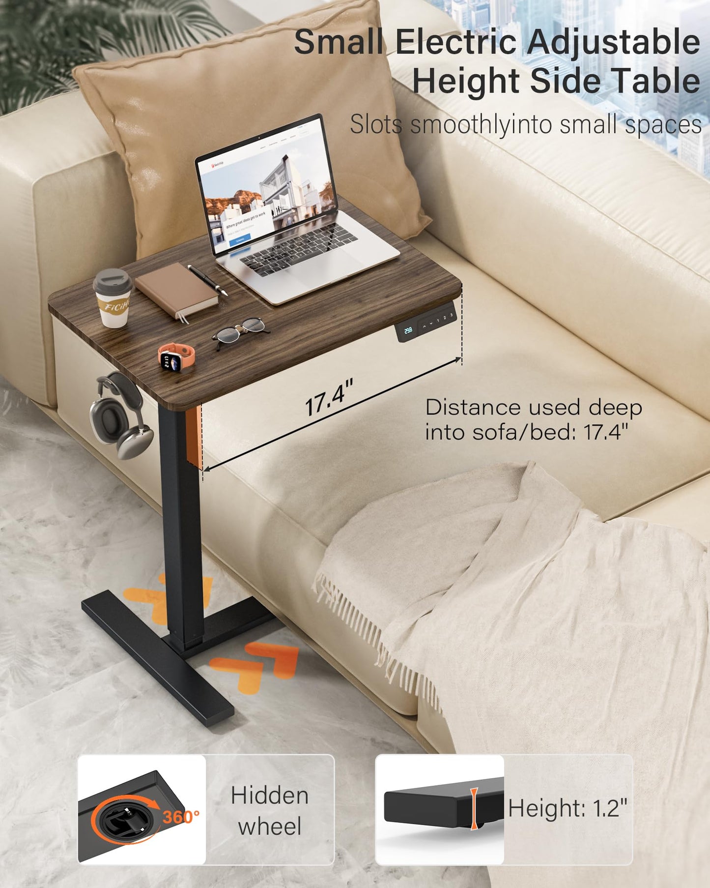 FiCiHi Small Electric Standing Desk - Adjustable Height Bedside Laptop Table with Wheels, Mobile, Portable Rolling Computer Workstation Sit Stand Table for Home Office, Sofa, Couch Use(28x16,Walnut)