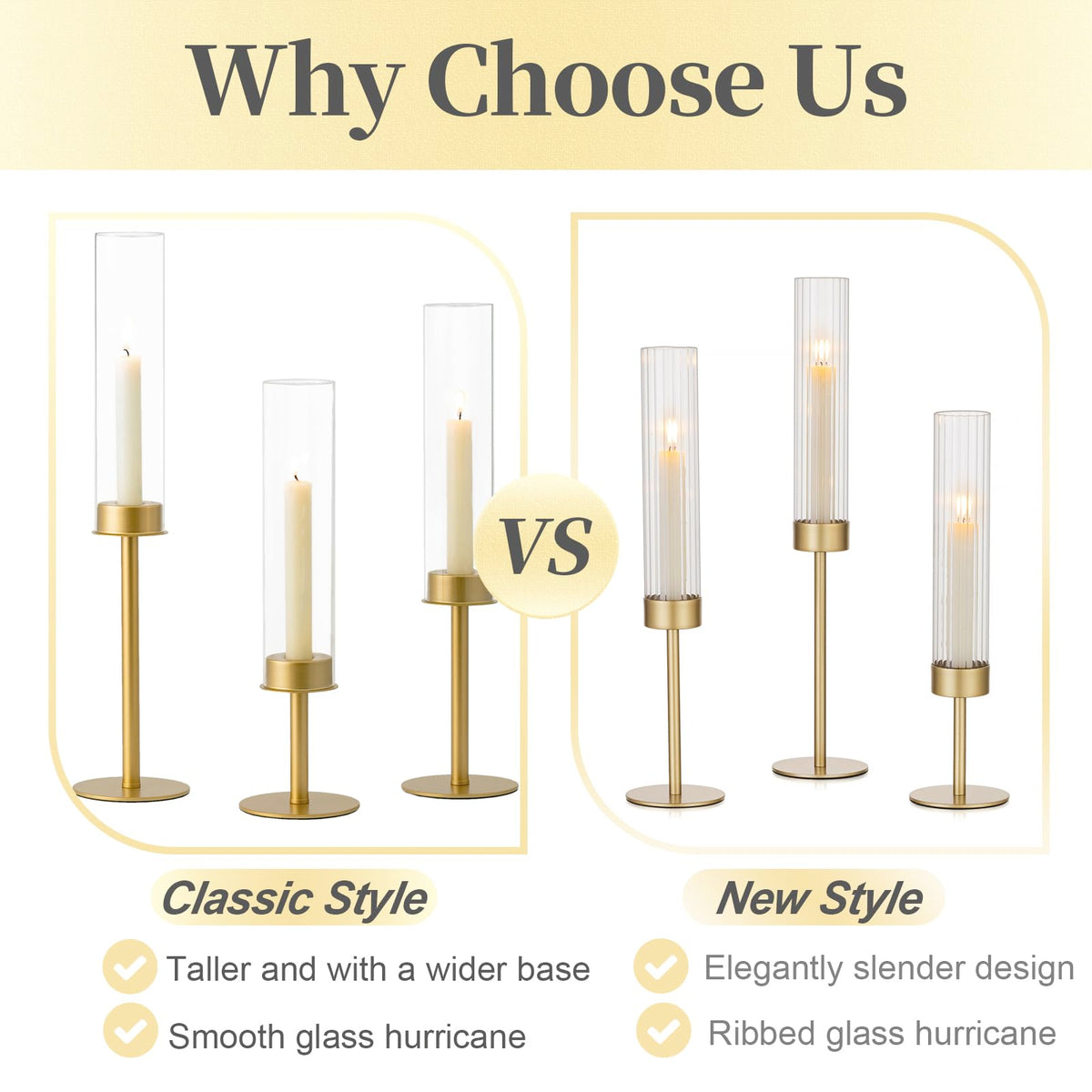 Hewory Gold Candle Holders - 6Pcs Brass Hurricane Candlestick Holders with Glass Candle Cover for Wedding Table Centerpiece Christmas Decor