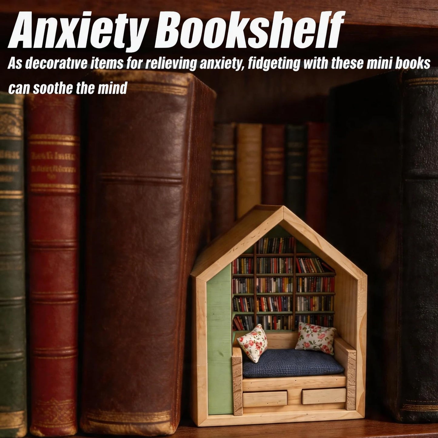 NaiSooten Anxiety Bookshelf with 300 Mini Books, Mini Wooden Bookshelf with Reading Nook, Desk Decor Anxiety Relief Bookshelf for Book Lovers(Green)