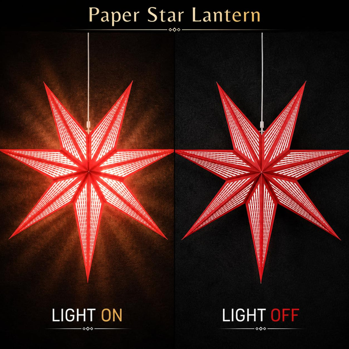 GalaxyArts 7-Point Paper Star Lantern - Striped Cutout Hanging Light Decoration - Foldable Hollow Out Star Lamp Shade for Home, Party, Christmas, Wedding Décor - Indoor/Outdoor 3D Hanging Star(Red)