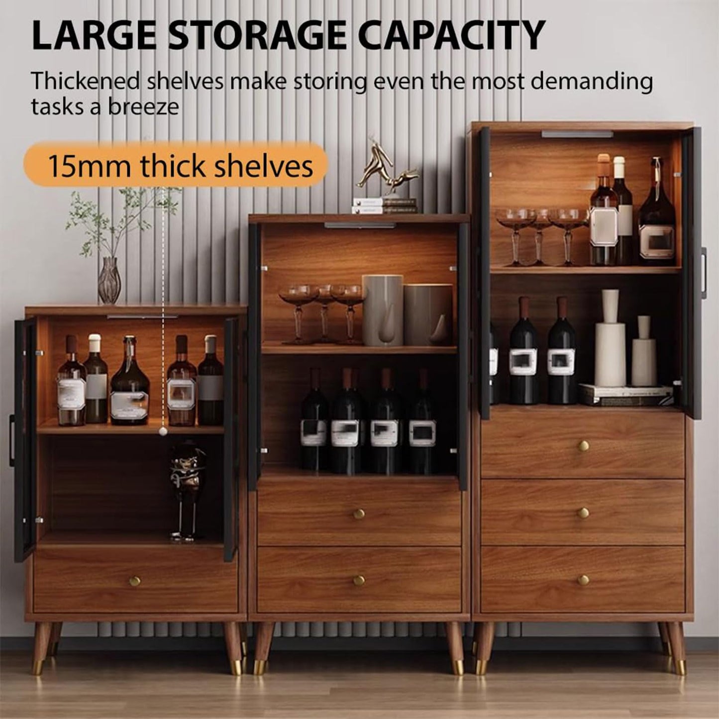 Freestanding Wine Bar Cabinet, Bamboo & Glass Display Cabinet, 3/4/5-Tier Modern, Clear View, Transparent Cabinet Door Design, for Office Living Room Bedroom Furniture