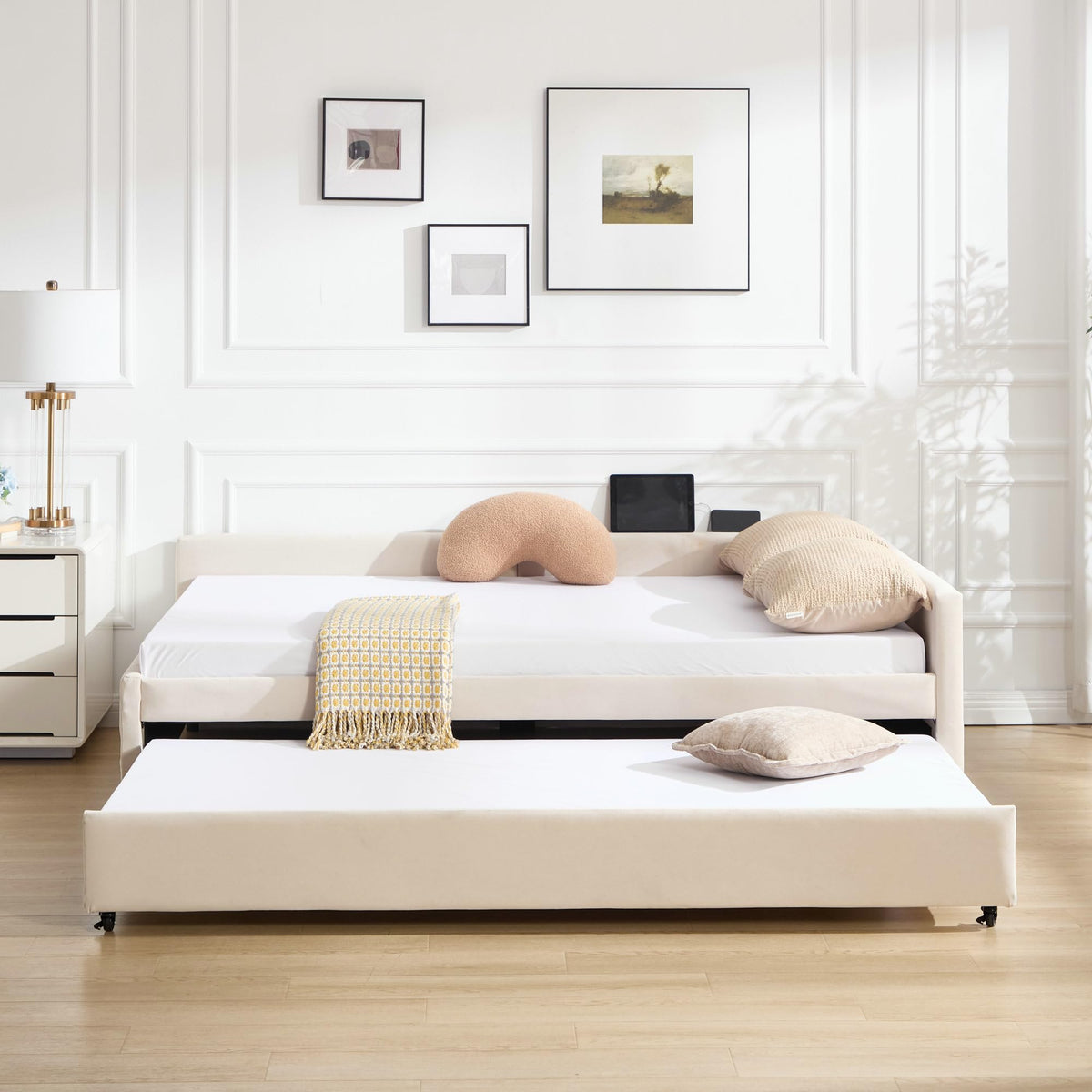 Ball & Cast Full Size Daybed with Trundle,Velvet Upholstered Day Bed Frame Full with USB Port and Solid Wood Slat Support,L Shaped Corner Trundle Bed,No Box Spring Needed,Beige