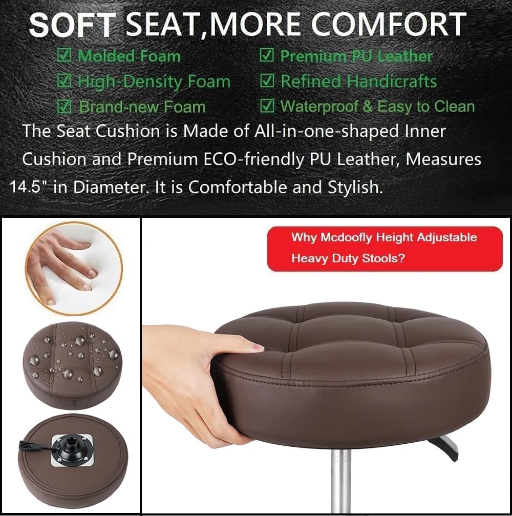 McDooFly Adjustable Heavy Duty Stool - Rolling Stools with Locking Caster Wheels - Swivel Stools Backless Chair for Home Kitchen Office Shop Tattoo Lash Tech Pedicure (Brown, Height 22 to 30 in)