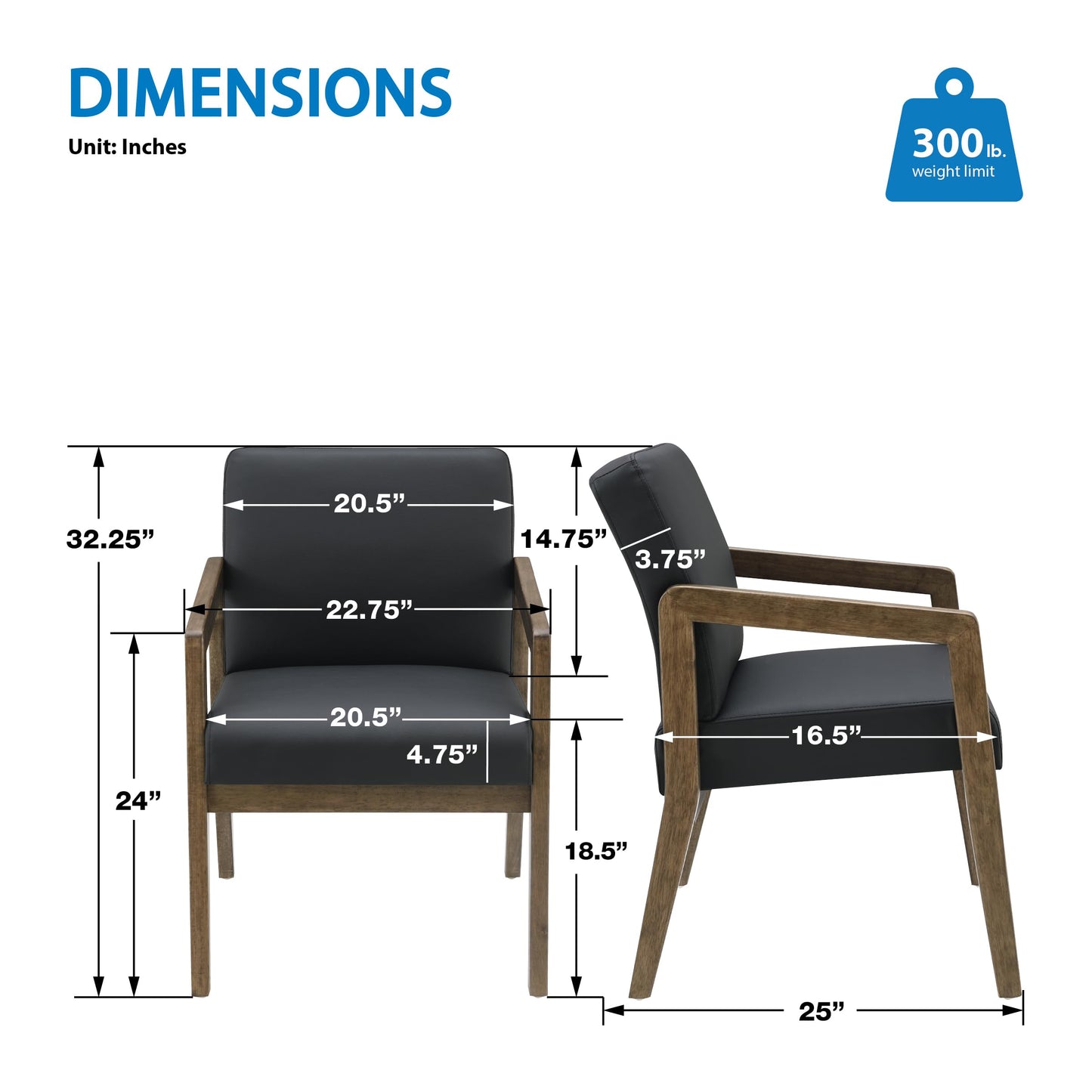 Office Star Products Guest Seating Visitor's Chair with Memory Foam Seat, Black Faux Leather, 300 lb Weight Capacity, Park City Finish