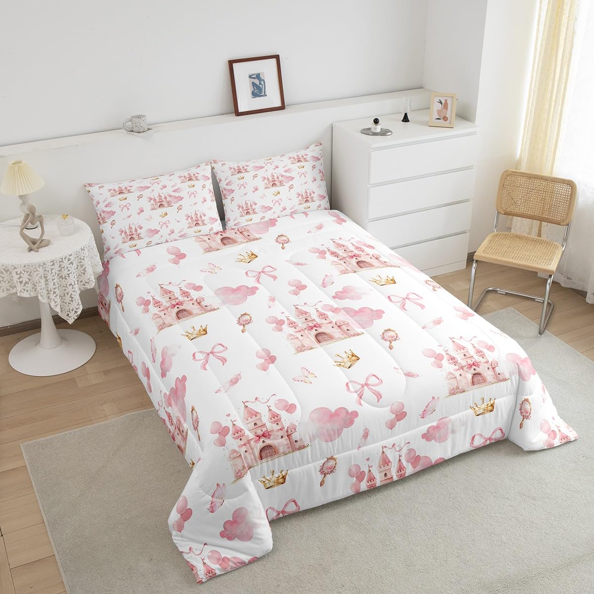 Feelyou Kids Pink Castle Duvet Insert Queen Size, Cute Bowknot Comforter Set Boys Girls Girls Dreamy House Bedding Set Fairytale Teens Bedroom Decor Bed Set 3Pcs