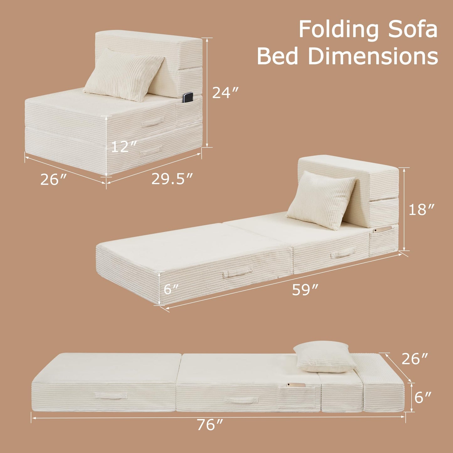 HILERO Folding Sofa Bed, 4 in 1 Convertible Sleeper Chair with Pillow, Single Memory Foam Fold Out Chair Bed, Modern Floor Futon Sofa Couch Mattress for Living Room/Guest/Apartment,Beige