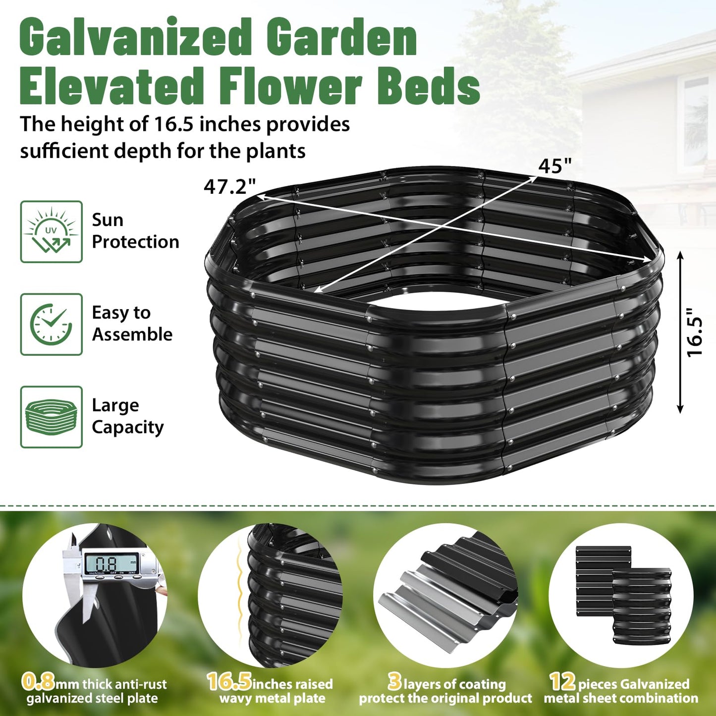 VAMFUTRE Hexagon Raised Garden Bed, 48 Inch Diagonal & 16.5 Inch Tall, Galvanized Steel Planter Box with Wave-Shaped Metal Panels for Outdoor Flower,Tree,Herb & Vegetable Garden (Black, 4FT X 1.5FT)