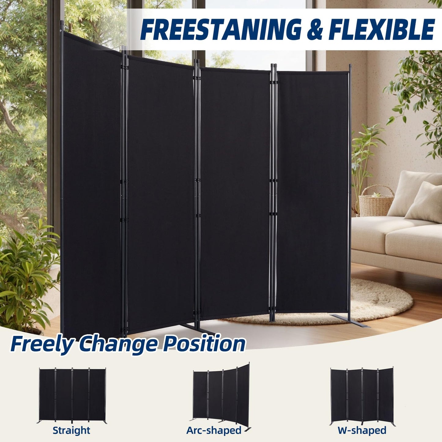 Room Divider and Folding Privacy Screens, Wide Room Divider Wall Screen for Room Separtition, Partition Room Dividers Fabric Panel Wall Dividers Freestanding for Office (Black, 4 Panel-88'' Wide)