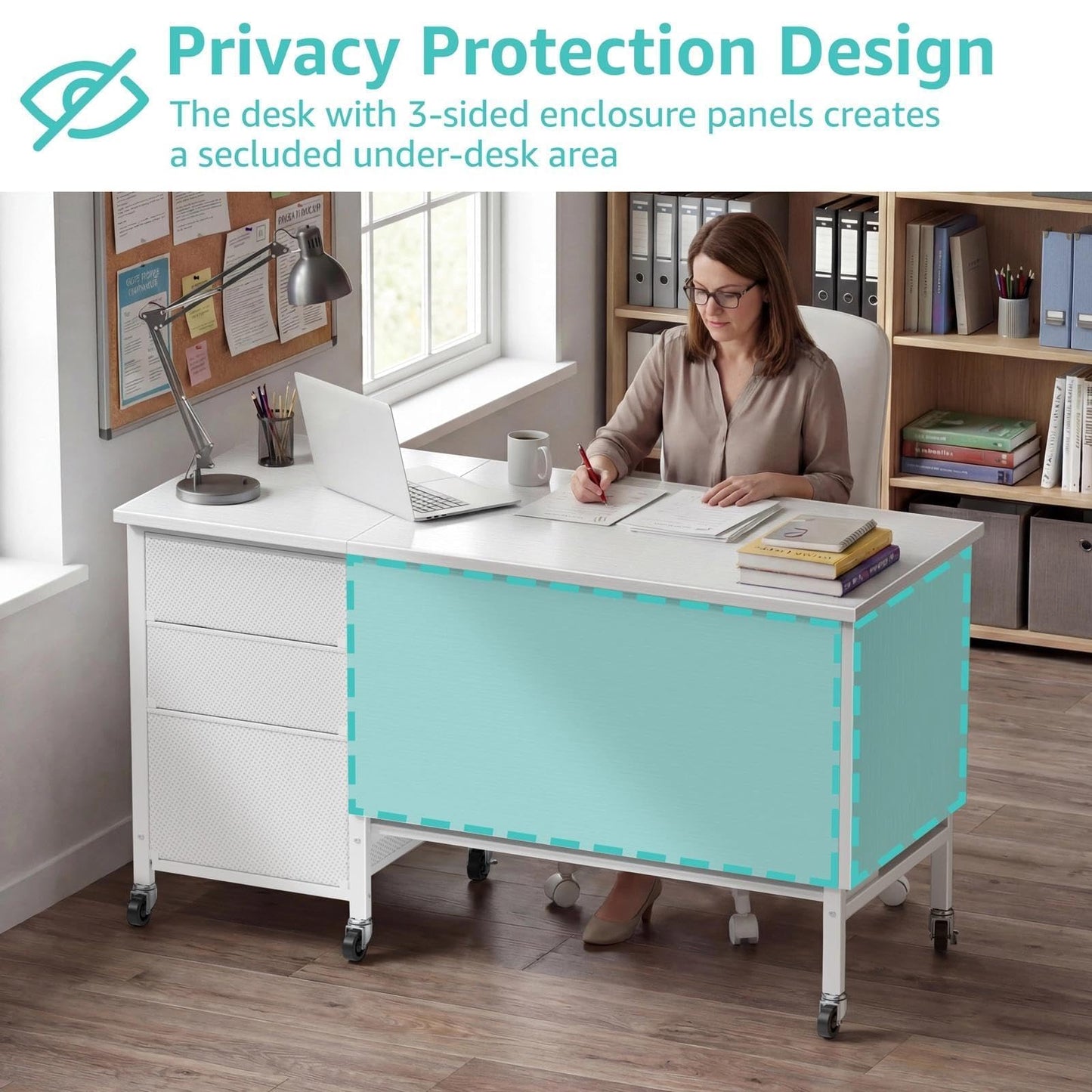 WINAZ Rolling Teacher Desk with File Drawers - 47 Inch Mobile Computer Desk with Privacy Panels & 3 Storage Drawers on Wheels, White Office Desks Workstation for Classroom & Home Office