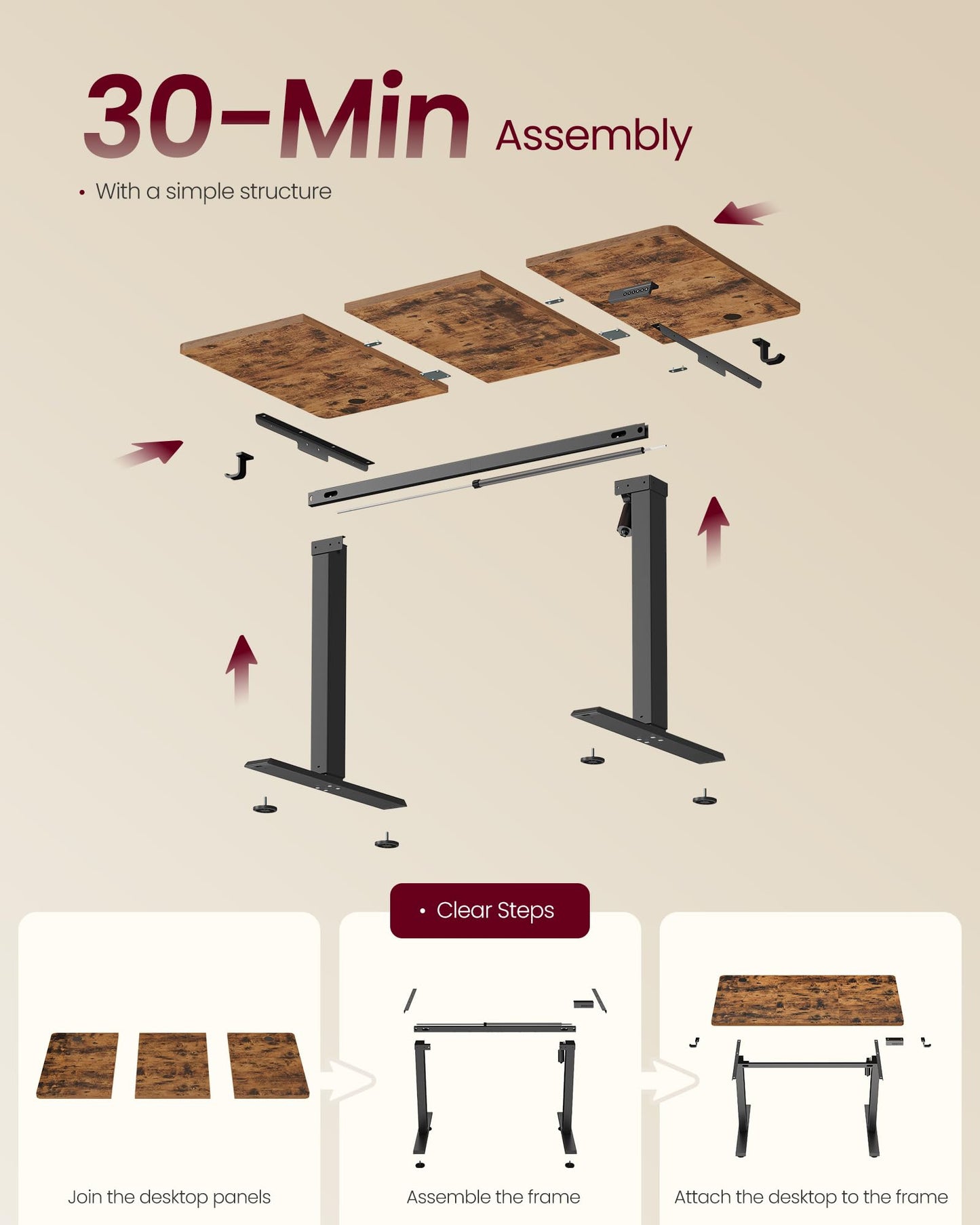 VASAGLE Electric Standing Desk, 47.2 x 23.6 Inches Height Adjustable Desk, Sedentary Reminder, 4 Memory Heights, for Home Office, Rustic Brown ULSD312KD020S