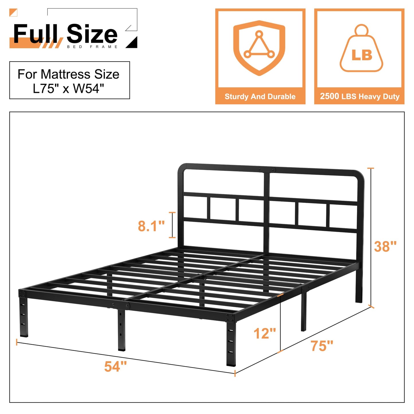 Husleephu Full Size Bed Frame with Headboard, 12 Inch Heavy Duty Metal Bed Frame Full, No Box Spring Needed, Noise Free, Easy Assemble, Black