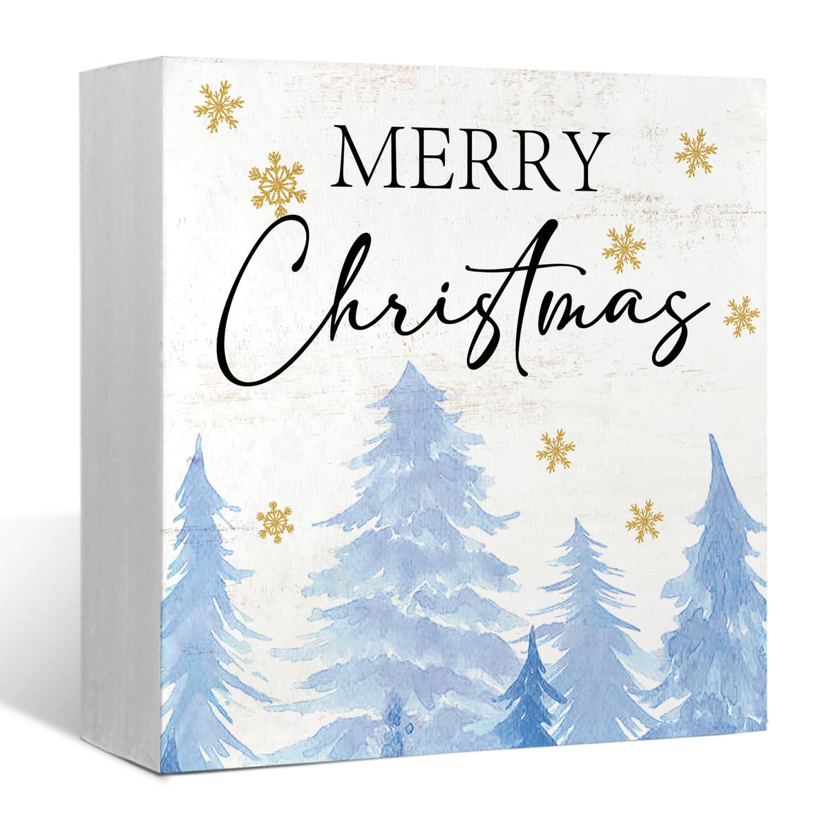 Mtrgdn Blue Christmas Decor Wooden Box Sign,Rustic Merry Christmas Sign for Bedroom Bathroom Home Office Desk Shelf Wall Decor,Blue Xmas Tree Decorations Gifts for Women Girls,5x5 Inch