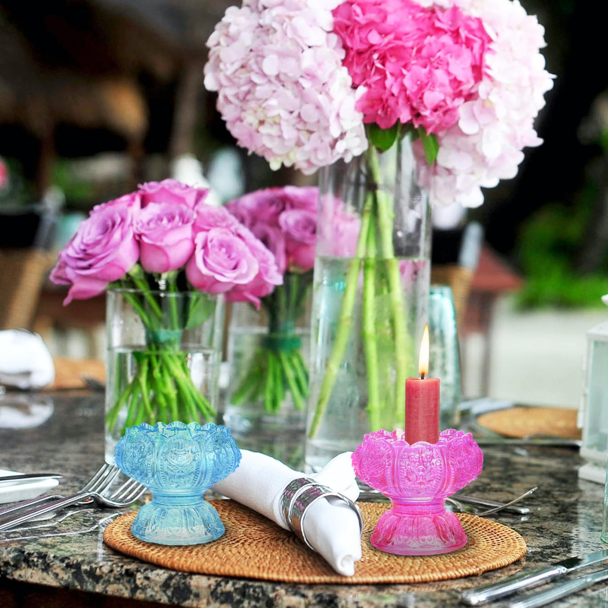 HOMOCONO 3pcs Glass Candleholder Set with High Base, Blue Red Pink Small Decorative Butter Lamp Holders for Desktop Religious and Home Décor