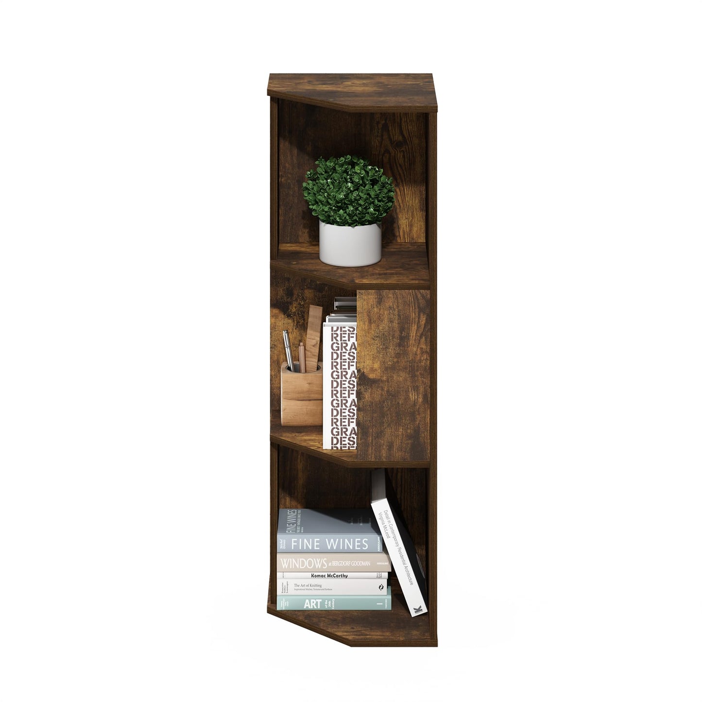 Furinno ECON Corner Shelf, 3-Tier Corner Book Shelf, Standing Storage Shelves, Cube Display Rack, Bookshelf, for Organization and Storage, Living Room, Home Office, Amber Pine
